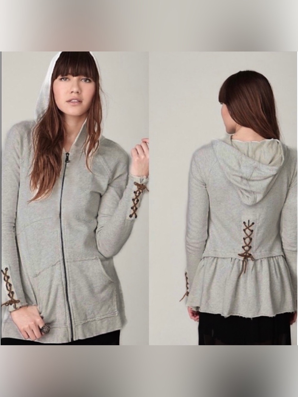 Sundance 100% Cotton Gray Hoodie Full Zip w/ Lace-Up Detail Raw Edge Peplum back